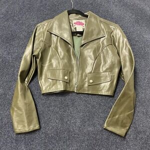 Vintage 90s Highway Jacket Womens Medium Olive Cropped Faux Leather Moto Biker